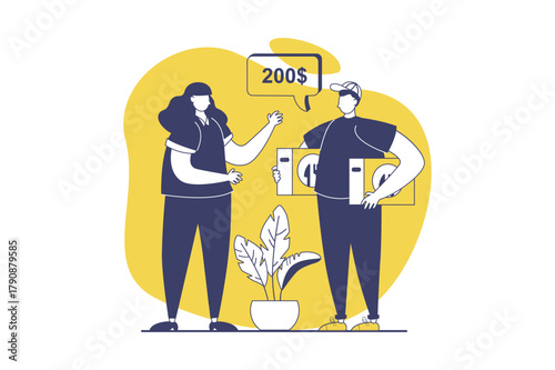 Food delivery web concept with flat people for website design. Woman making online orders in restaurant and getting parcel boxes from courier, paying of meal transportation. Vector illustration.
