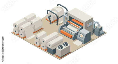 Modern isometric paper mill factory with industrial machines and rolling paper reels