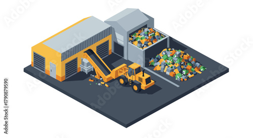 Isometric industrial recycling facility with conveyor and loader in action