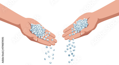 Hands holding and releasing falling tablets on white background