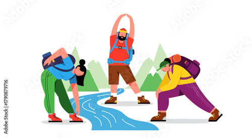 Adventurous Trio Stretching Before Hiking Amidst Scenic Mountain Landscape Depiction