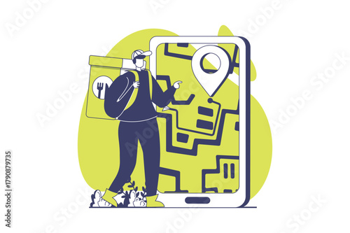 Food delivery web concept with flat people for website design. Man shipping online order with meals in bag from restaurant, clients tracking courier transportation at map. Vector illustration.