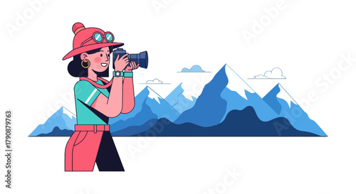 Adventurous Woman Capturing Majestic Mountain Peaks With Her Professional Camera on a Black