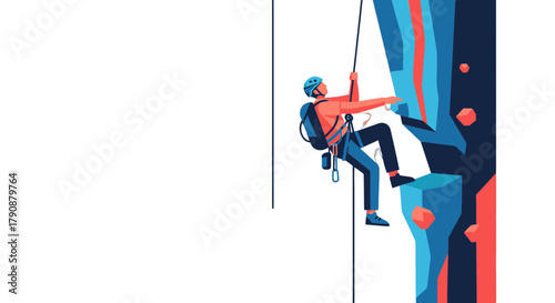 Adventurous Rock Climber Ascending a Blue Ridge Abstractly Depicted Cliff Face Illustration