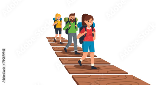 Adventurous Trio Walk On Wooden Path Against Black Background For Recreational Hike