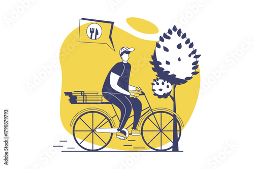 Food delivery web concept with flat people for website design. Man shipping online order with pizza box from pizzeria at bicycle, courier carrying meal from catering and cycling. Vector illustration.