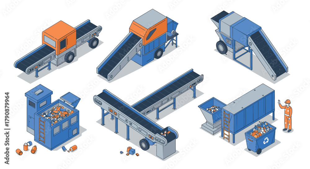 Obraz premium Isometric recycling machines and conveyor belts for waste management
