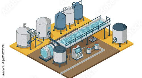 Isometric industrial brewery with fermentation tanks and conveyor system