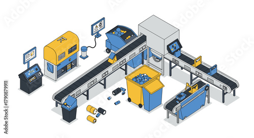 Industrial conveyor system with recycling bins and automated machinery in isometric style