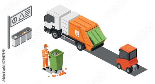 Garbage collection process with garbage truck, worker, and signage in isometric style
