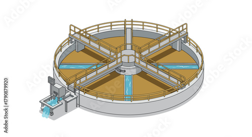 Isometric wastewater treatment facility with circular clarifier and walkways