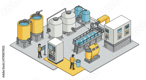 Isometric brewery production facility with workers and equipment