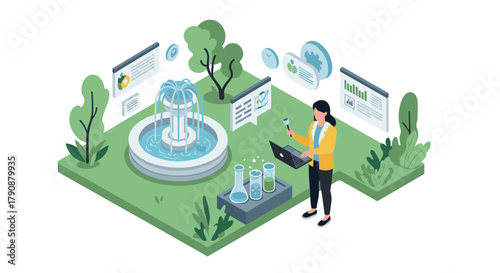 Isometric environmental science lab with fountain and analytics