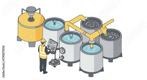 Isometric brewery diagram with worker controlling automated fermentation tanks
