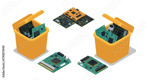Ewaste management microchips in yellow bins highlighting electronic recycling