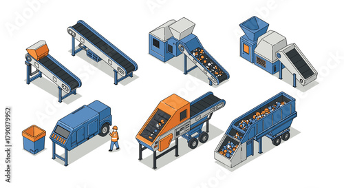 Isometric conveyor and machinery set for industrial production and recycling