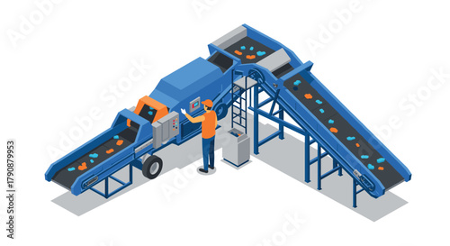 Modern isometric recycling conveyor system with worker in factory setting