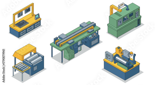 Isometric industrial machines set modern equipment in 3d style for manufacturing concepts