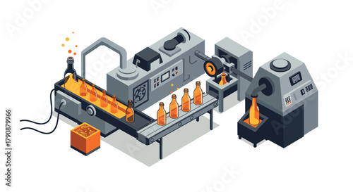 Isometric factory assembly line with conveyor belt and machinery for beverage bottling process