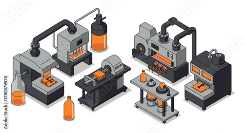 Isometric industrial machines with orange accents for manufacturing and production processes