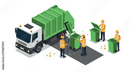 Isometric waste management scene with sanitation workers and garbage truck