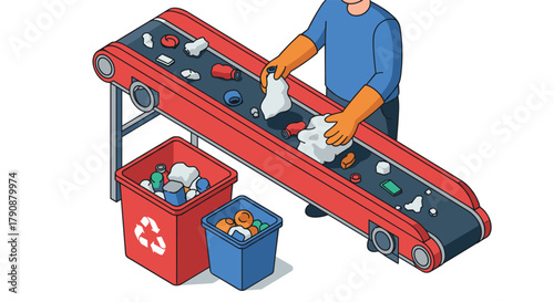 Recycling conveyor belt process with worker sorting waste in isometric style