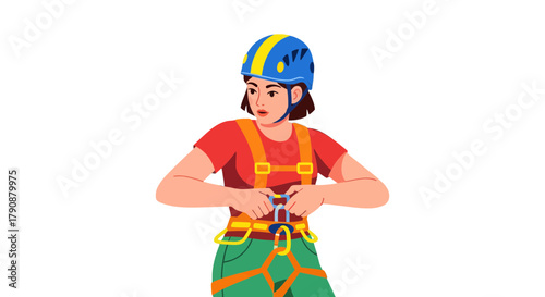Adventurous Young Woman Preparing For Climbing, Safety Equipment and Black Background