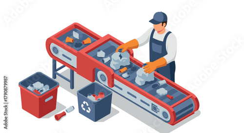 Isometric recycling worker sorting materials on conveyor belt