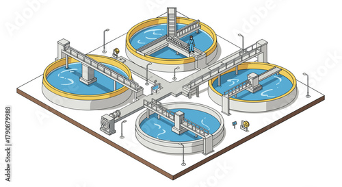 Isometric water treatment plant with circular tanks and infrastructure