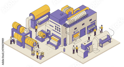 Isometric industrial factory scene with workers operating machinery in vibrant colors