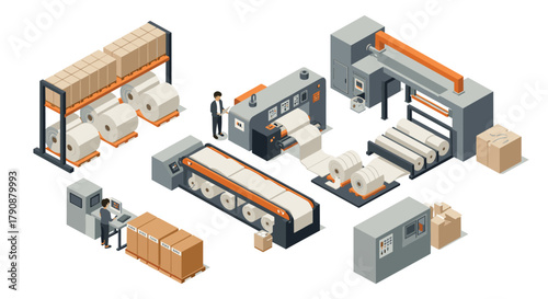 Isometric warehouse with industrial machines and cardboard boxes equipment