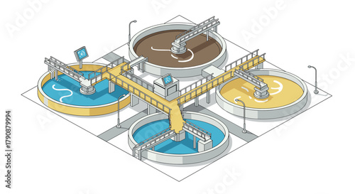 Isometric water treatment plant with circular tanks and walkways