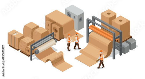 Industrial paper production process with workers and machinery in isometric design
