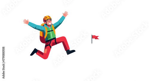 Aimed Traveler Reaching Goal While Jumps With Arms Raised High Reaching Success