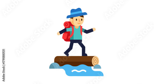 Adventurous Traveler Balancing On a Log Over a River Representing Outdoor Exploration