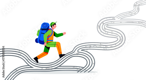 Adventurous Traveler Ascending Symbolically Upwards on Abstract Pathway Towards Goal