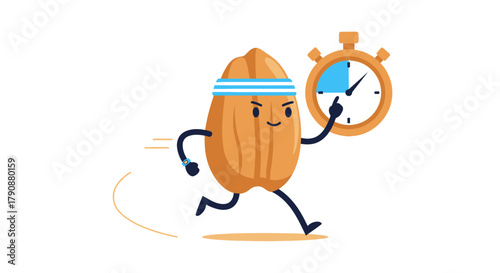 Almond Character Running with Stopwatch Showing Fitness and Time Management Illustration