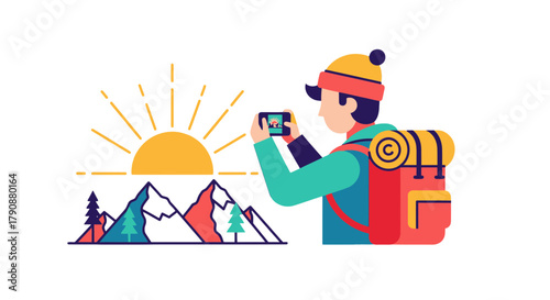 Adventurous Traveler Captures Sunrise Over Majestic Mountain Scene with Phone