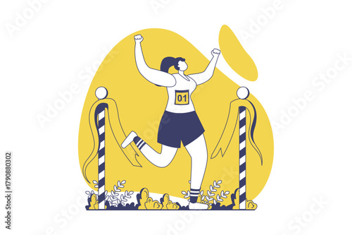 Happy competition champions web concept with flat people for website design. Woman winning at sport competition, running first at finish race and achieving first place trophy. Vector illustration.