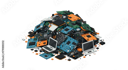 Ewaste pile with old electronics and circuit boards