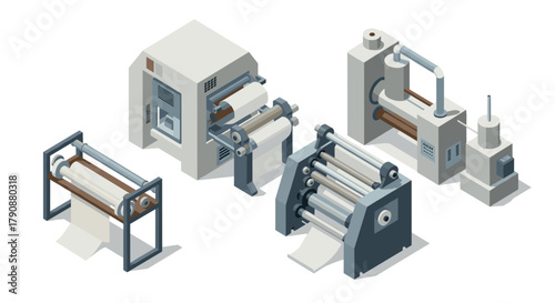 Industrial printing equipment in isometric style paper manufacturing machines