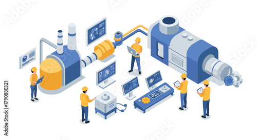 Isometric factory automation concept with engineers and machinery in blue and yellow theme