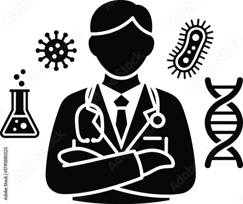 Doctor with stethoscope surrounded by virus bacteria dna and flask medical science