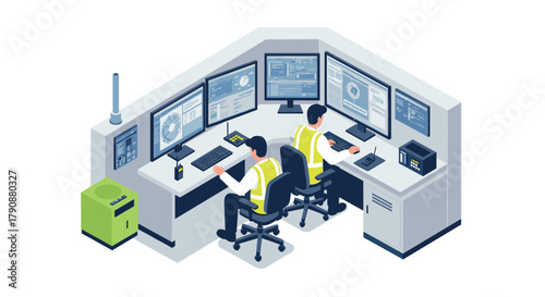 Control room with workers monitoring screens in isometric design