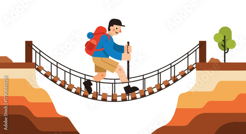 Adventurous Traveler Crossing Suspension Bridge During A Hiking Expedition