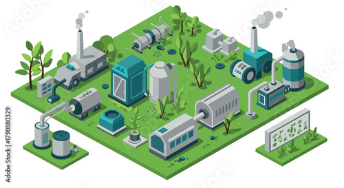 Ecofriendly industrial park isometric design with sustainable factories and green spaces