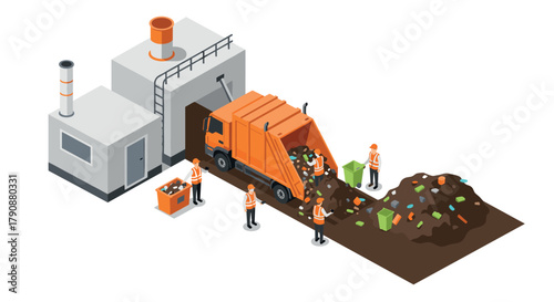 Modern waste management facility with workers sorting trash in isometric style