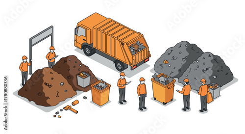 Isometric waste management scene with workers and garbage truck in action