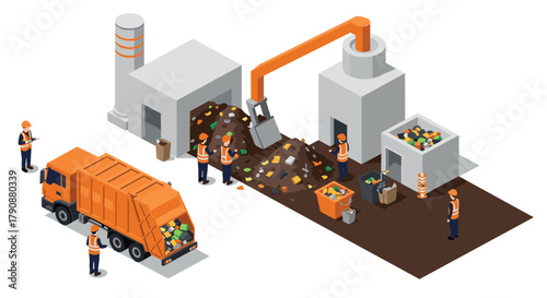 Isometric waste management facility with workers and garbage truck in action
