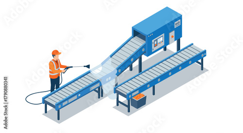 Factory worker cleaning modern conveyor belt machine in industrial setting